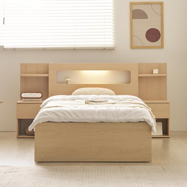 상일리베가구 세렌 리프트업 LED 수납 침대+본넬 매트리스 세트 SS, 메이플