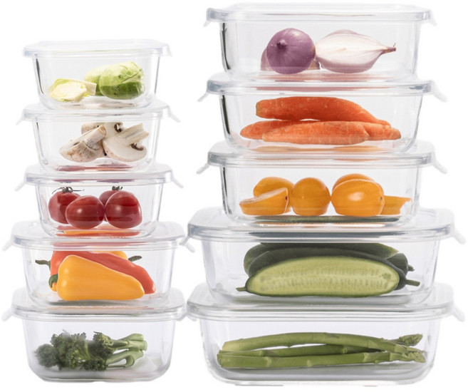 냉동 전자레인지OK! 블라썸 내열유리 용기 투명 반찬통, 1세트, 10종(정사각x5개,직사각x5개)
