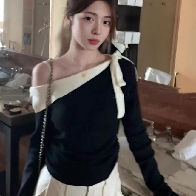 여성 여자 오프숄더 리본 셔링 티셔츠 하객룩