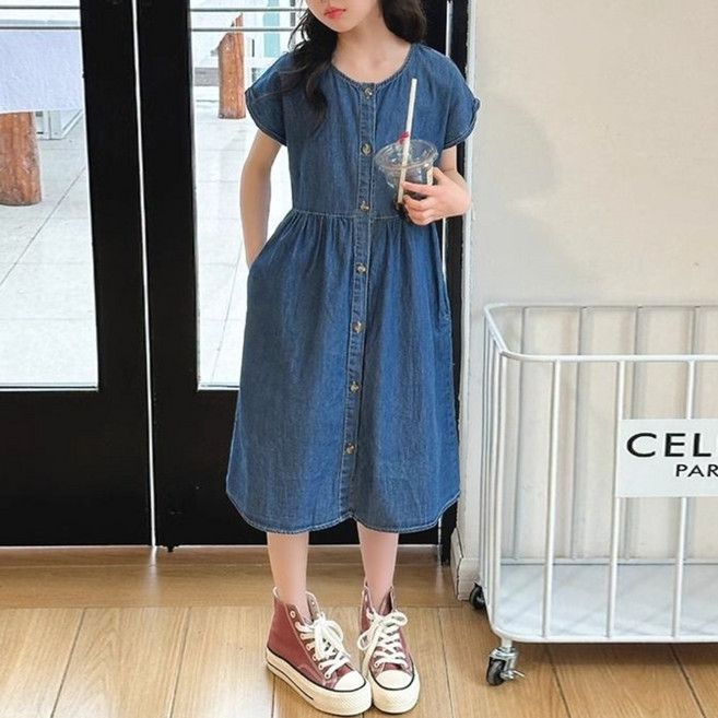 해피유통어린이 여름 귀여운 반팔 청원피스 캐주얼하고 편안한 A라인14세 이상 XG03