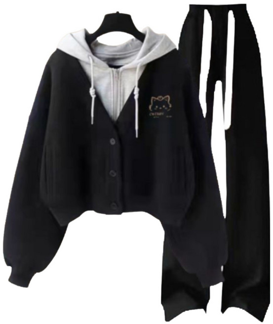 JUSTFEELING 기모 따뜻한 여성 운동복세트 융털안감 포이트 부드러운 레이어드 긴팔 후드맨투맨 + 하이웨스트 밴딩 와이드 통바지 보온 겨울 캐릭터 트레이닝복 상하투피스