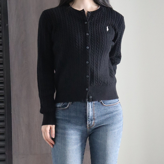 폴로랄프로랜 걸즈 면 카디건 케이블 니트 블랙