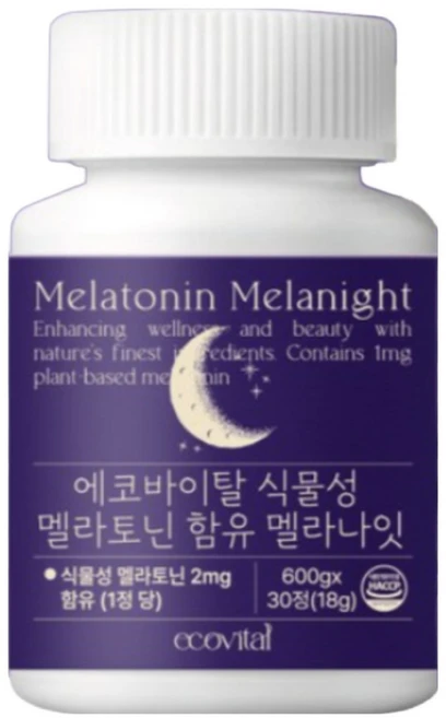 에코바이탈 멜라토닌 식물성 HACCP 식약처 인증 수면 1일 2mg 함유, 2개, 30정 - 쿠팡