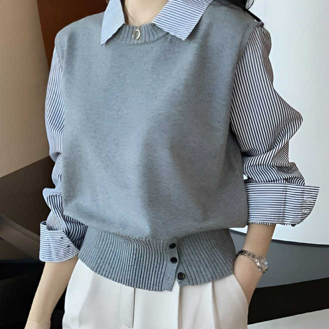 WA365 페이크 셔츠 니트 베스트 레이어드 조끼 오피스룩 여성 봄 가을 겨울