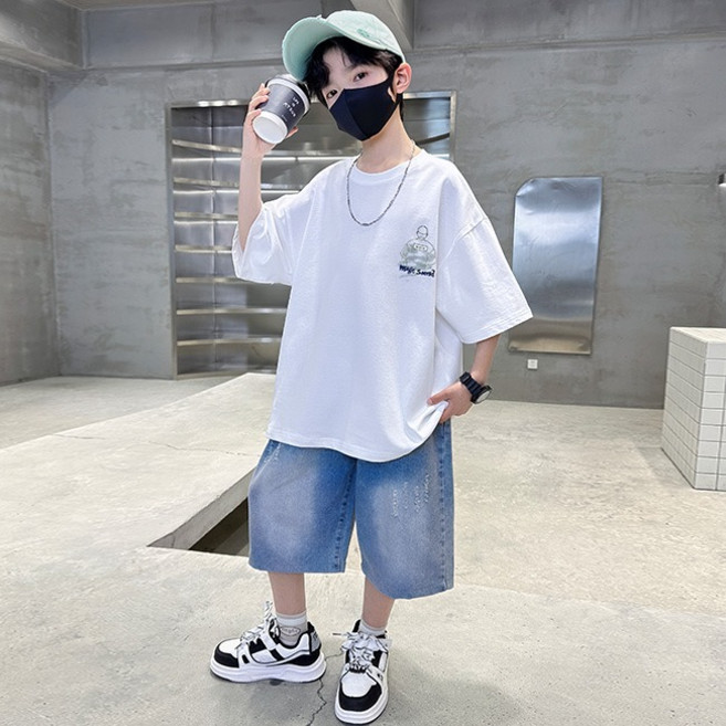 비비키드 남아 여름 STUDIO 일러스트 페인팅 상하복 주니어 세트 초중생 반팔티 초등생 데님 반바지 세트 (8021)