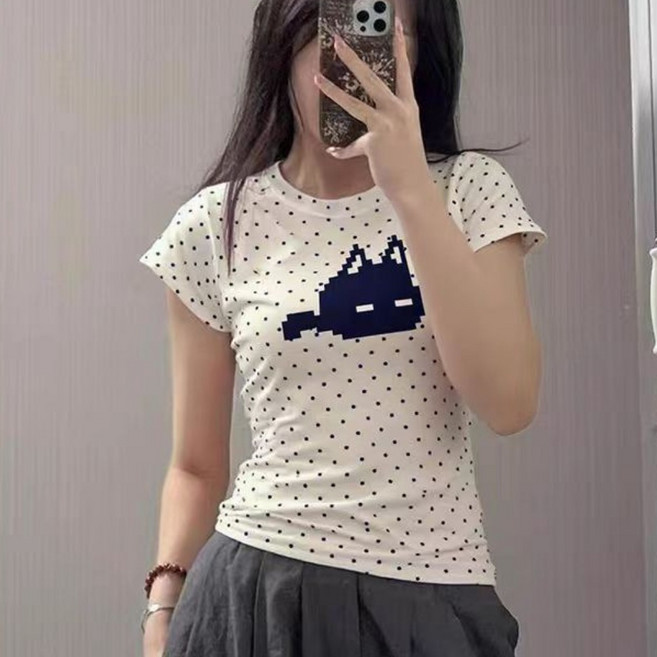 폴카 도트 고양이 프린트 정장 스타일 반소매 셔츠 T 여성 여름 스위트 핫걸 스타일 라운드넥 슬림핏 상의 학생용
