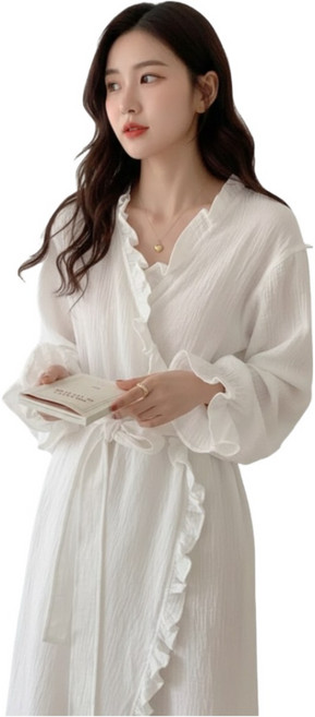 블랑커브 여성용 프릴 긴팔 가운 롱원피스 파자마 홈웨어