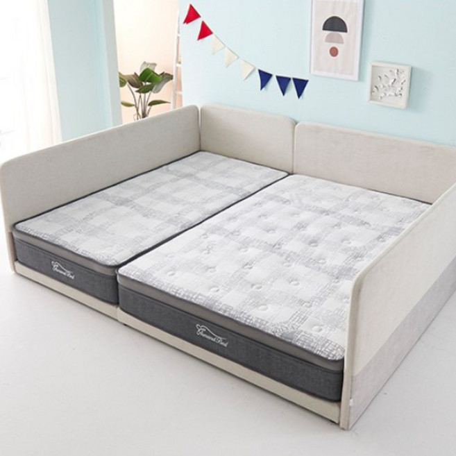 가이온 꽃잠 저상형 패밀리 가족침대, 오픈형_싱글+퀸_본넬매트_크림연그레이