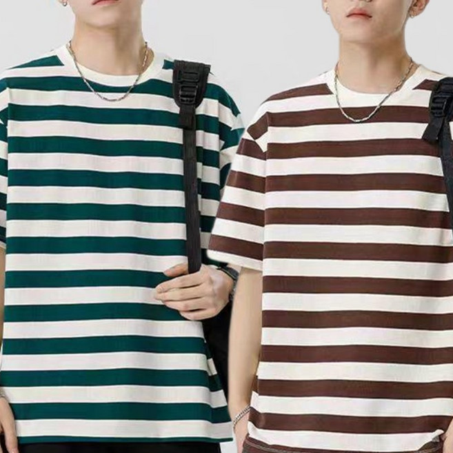 AOUGK 1+1 남성 티셔츠 스트라이프 반팔 티셔츠 여름 얇은 오버핏 라운드티 빅사이즈 반팔티