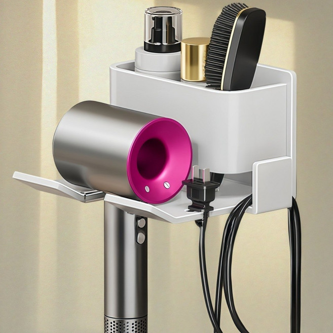 무타공 수납형 강력접착 드라이기 거치대, 화이트, 1개