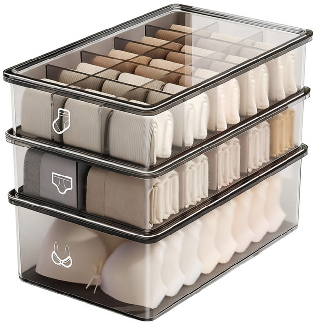 votgl 적층형 칸막이 서랍 속옷 양말 정리 수납함 속옷정리함 3개, 블랙