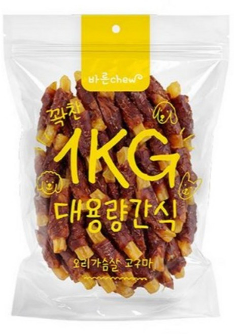 바른츄 꽉찬 대용량 강아지 간식, 1개, 1kg, 오리가슴살 고구마