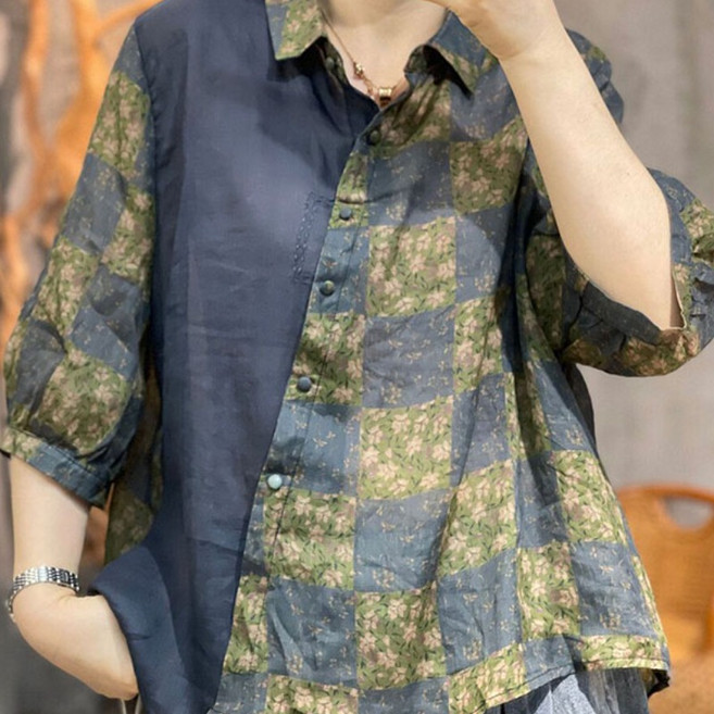 IWMAFT 여성 여름 체크 패치워크 카라 셔츠 7부소매 면마 루즈핏 데일리 HY478