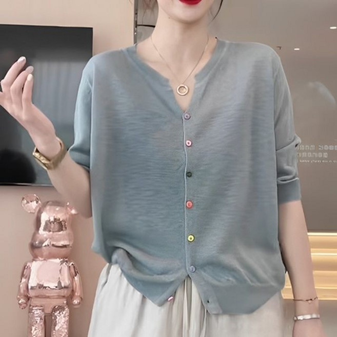 녕동 빅사이즈 여성 니트 가디건 봄여름 얇은 루즈핏 브이넥 컬러 단추 가디건