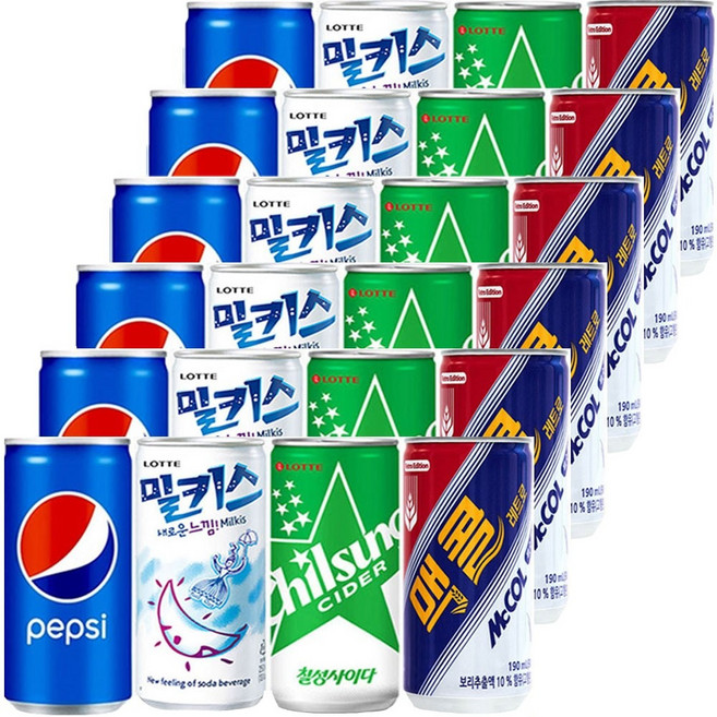 마셔몰 미니캔 탄산세트 맥콜 밀키스 칠성사이다 펩시콜라 4가지맛, 24개, 190ml
