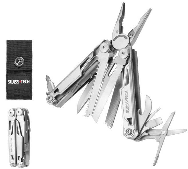 SWISS+TECH 16-in-1 다기능 플라이어 아웃도어 멀티툴 잠금 기능 커터 톱 드라이버 측정기 병따개 파일 파우치 포함 야외 DIY 등산용 실버, 1개