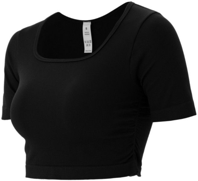 HIVOF 세로 줄무늬 배꼽 노출 요가 반팔 상의