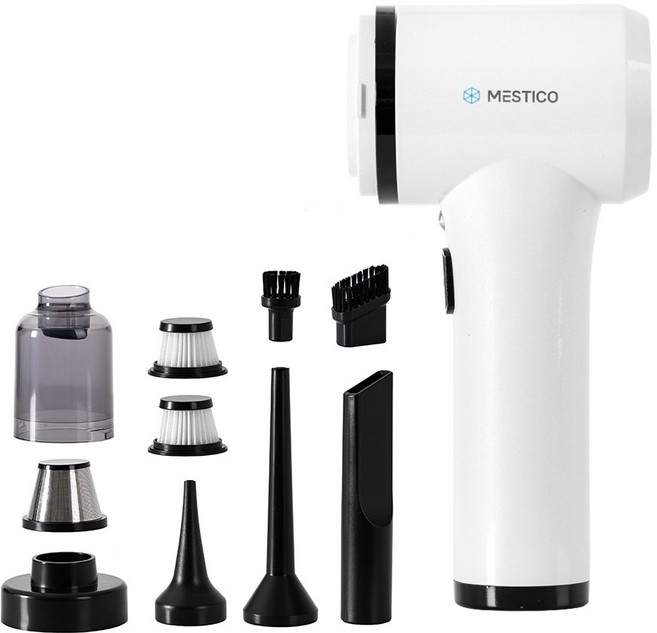 미스티코 초강력 무선 차량용청소기 에어건 겸용 먼지보이는 그린 LED 휴대용 핸디 미니 청소기 (필터 2개+노즐 5종), 화이트