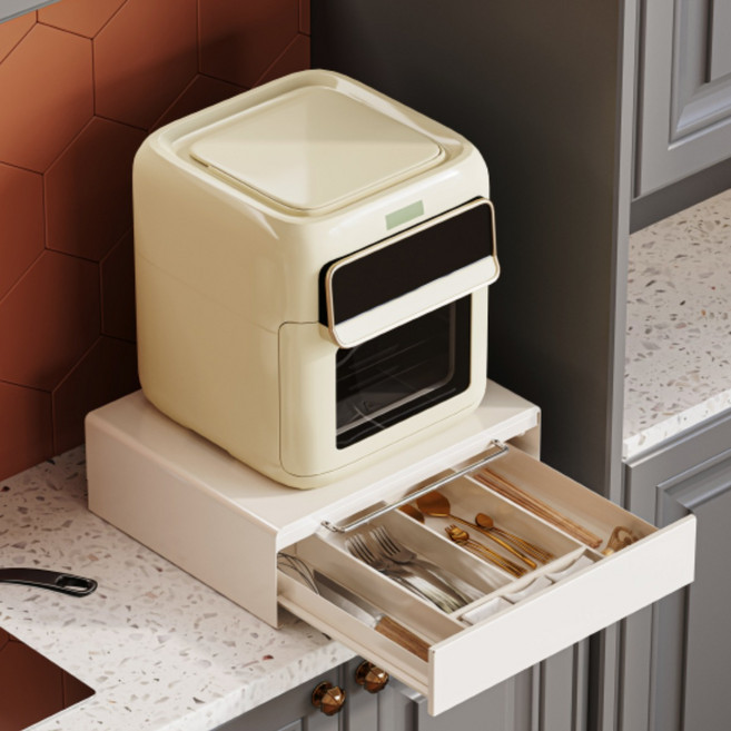 전자렌지 수납장 거치대 철제 슬라이드 수납함 2단 서랍 오븐 밥솥 커피머신 2단 선반, 2단 서랍 전자레인지 선반 칸막이추가, 1개, 화이트