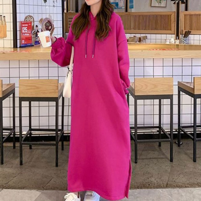 JUSTFEELING 빅사이즈 M-4XL옵션 후드맨투맨 원피스 데일리 프린팅 데일리 기모 따뜻한 롱맨투맨 오버핏 날씬해보이는 도톰한 롱원피스 150KG까지