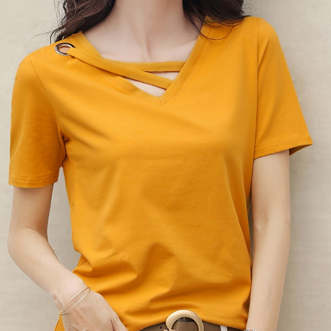 여름 브이넥 반팔 캐주얼 티 상의