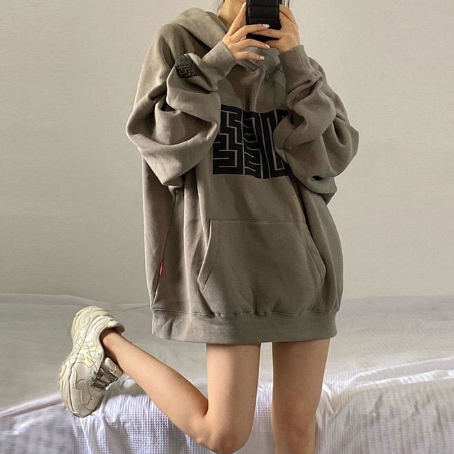 寬鬆復古刷毛帽T大學T - 長袖女上衣