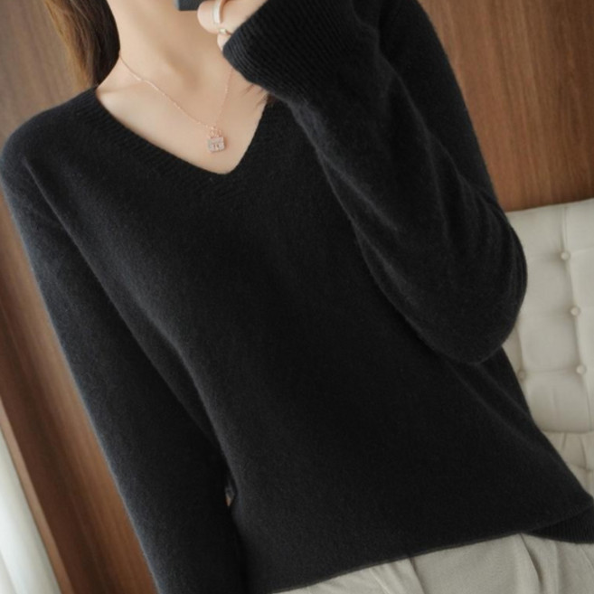 핑크셀럽 여성용 브이넥 보들 니트 티셔츠