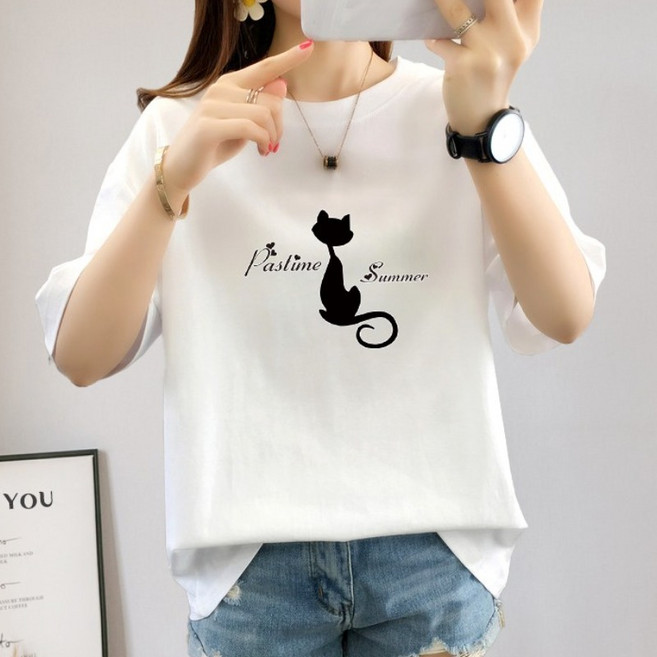스타일아유 오버핏 면100% 고양이 반팔티 여성용 빅사이즈 박시 반팔티셔츠 반팔 티셔츠 자체생산[AYG6TS384A]