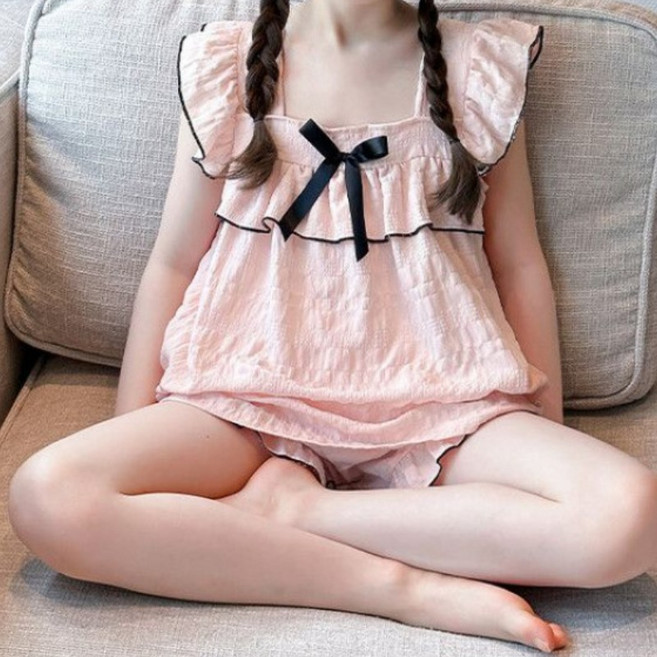 Toruva어린이 여름 귀여운 리본 반팔 잠옷 세트14세 이상