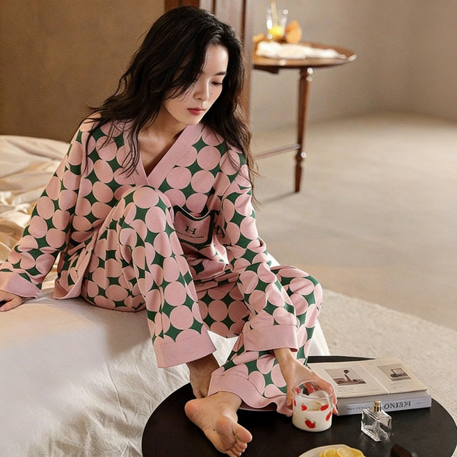 ANYOU 여자 긴팔 브이넥 잠옷 부드러운 극세사 세트 편안한 홈웨어
