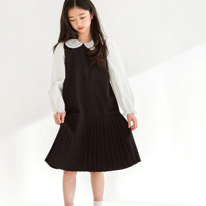 모아 여아 아동 주니어 레이어드 플리츠 민소매 주름 원피스 (초등학생 - 중학생)