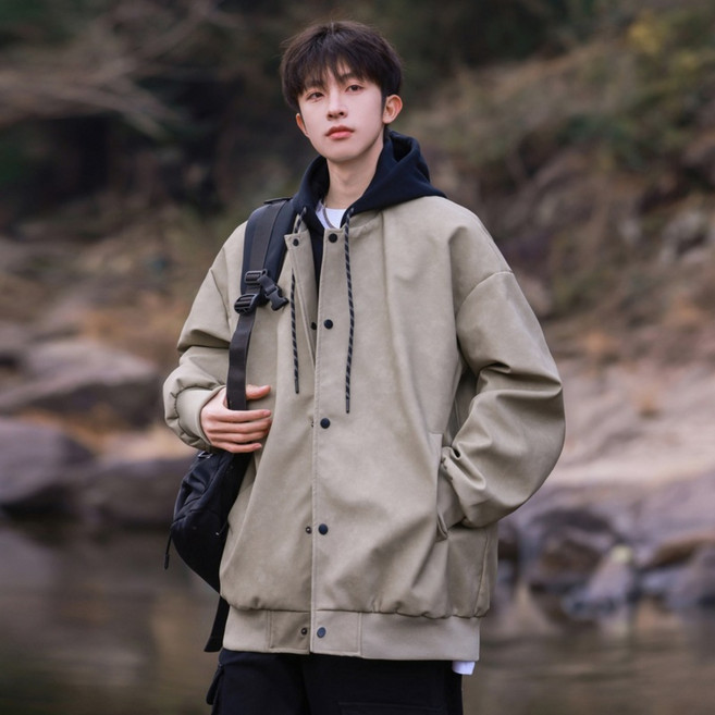 ANYOU 남성용 털 안감 레더 자켓 겨울 방한 보온 빅사이즈 기모 자켓