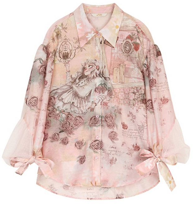 ELFSACK 봄 여성 셔츠 로즈 빈티지 텍스트 프린팅 리본 소매 장미 패턴 설렘 가득 캐주얼 블라우스
