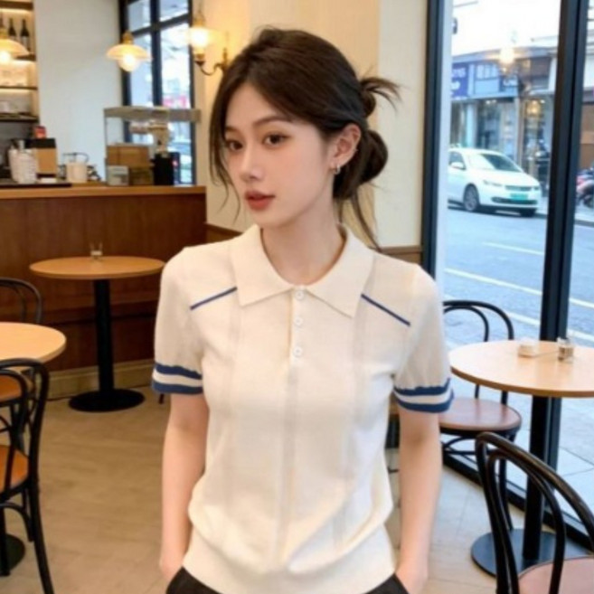 메인워크 여성 폴로넥 반팔 티셔츠 여름 냉장고 스트라이프 터틀넥 얇은 루즈핏 데일리 기본티 빈티지 고급 골프웨어 상의