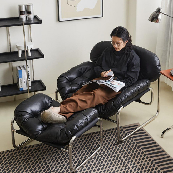 르블랑퍼니처 레트로 리클라이너 소파 1인용 스툴 빈티지블랙 크림화이트 카멜브라운, 프리미엄천연가죽, 리클라이너+스툴