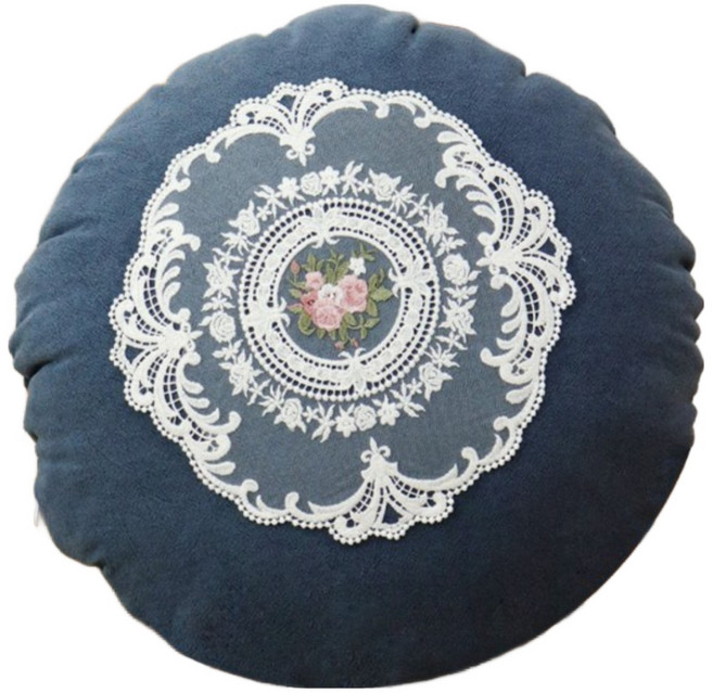 찐프릴 자수 원형 호박 쇼파 쿠션, 네이비