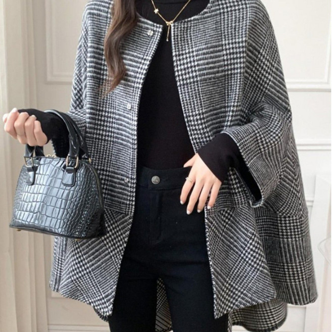 POMTOR 가을 겨울 여성 케이프 코트 체크 미디 카디건 코트