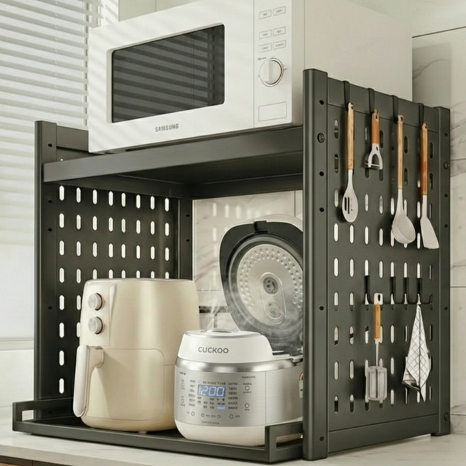 루트앤샵 높이조절 철제 슬라이드 전자레인지선반 2단 주방 선반, 그레이, 1개