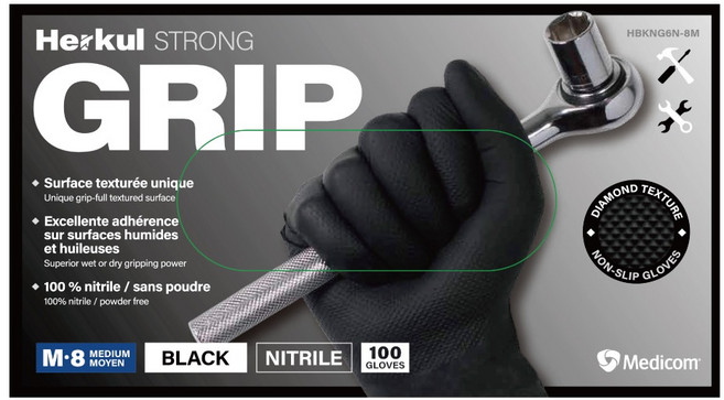 메디컴 헤르쿨 고중량 니트릴 다이아몬드 다회용 장갑 정비 중공업 식품 청소 원예, 100개, L, 블랙