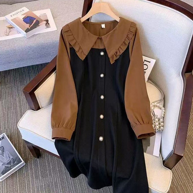 오스틱니 (매진 임박) 빅사이즈 여성 가을 긴팔 숄카라 클래식배색 긴팔 편한 추천 빅카라 루즈핏 간절기 미시 마담 큰언니 세련미 큰옷 여성의류 배색 데일리 롱원피스