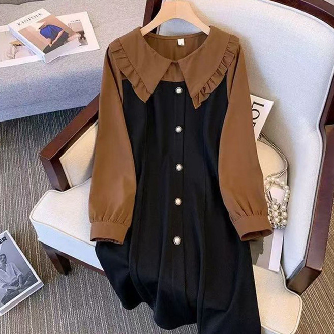 오스틱니 (매진 임박) 빅사이즈 여성 가을 긴팔 숄카라 클래식배색 긴팔 편한 추천 빅카라 루즈핏 간절기 미시 마담 큰언니 세련미 큰옷 여성의류 배색 데일리 롱원피스