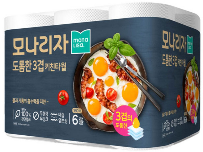 모나리자 프리미엄 도톰한 3겹 천연펄프 키친타올 160매, 6개