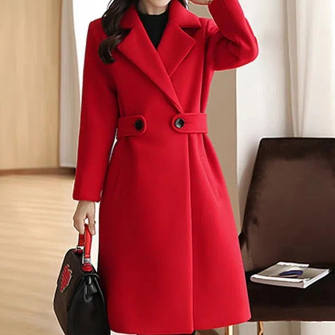 패셔너블 코트 기품 모직 외투 여성 미디 길이 우아 기품 인조 캐시미어 여성복 심플 디자인 벨트 아우터 여성용 빅사이즈 캐주얼 하객룩