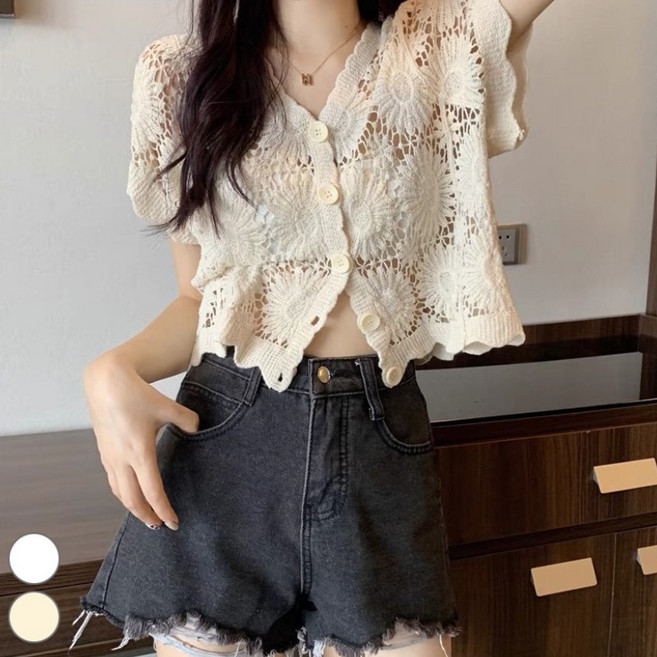 TLM 해바라기 자수 펀칭 그물 가디건 EL-1007931