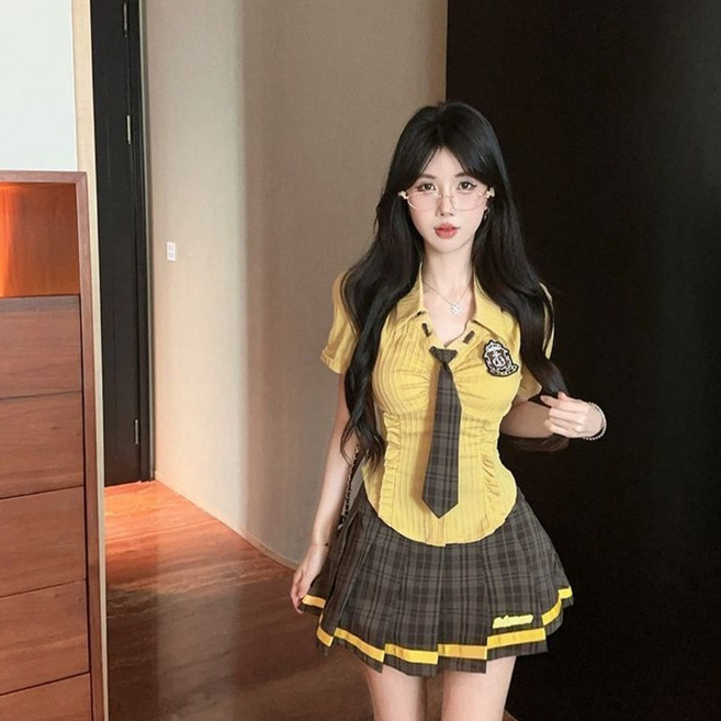 COSYEVNO 여성용 셔츠 스타일 라인 타이 세트 체크 플리츠 스커트 교복룩 CLXtz-15