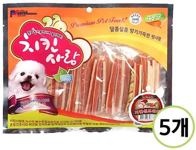 PS코리아 치킨사랑 강아지 육포 사사미 대용량 애견 간식, 치킨샌드위치, 5개 - 쿠팡