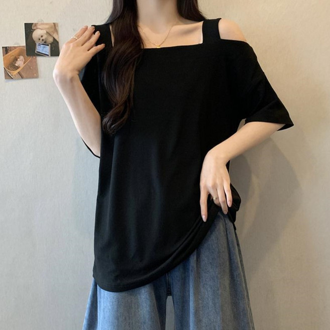 VEZRI 여성 여름 빅사이즈 오프숄더 반팔 티셔츠 루즈핏 슬림핏 배 커버 F88