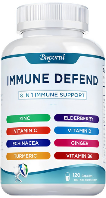 면역 지원 복합 캡슐 비타민 C+비타민 D3+아연함유 엘더베리 에키네시아 생강 우꼬르마 추출물 항산화 면역력 강화 식물성 캡슐 종합 영양 보충, 1개, 60정