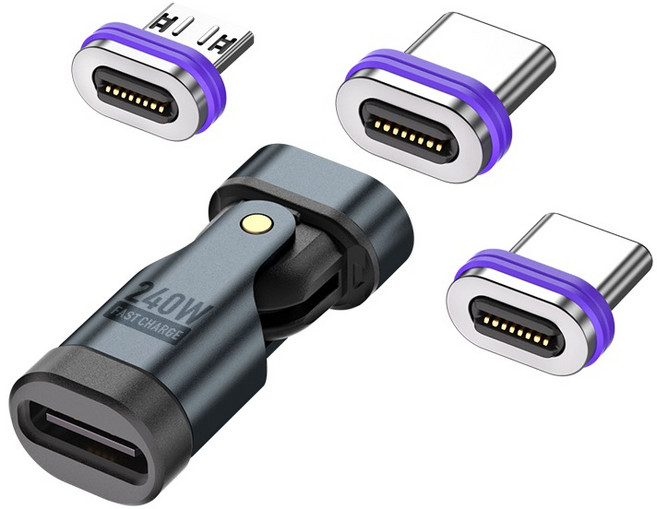 오파츠 PD240W 180도 회전형 충전케이블 마그네틱 어뎁터 C타입 커넥터+어뎁터, 그레이, 2개, 40mm