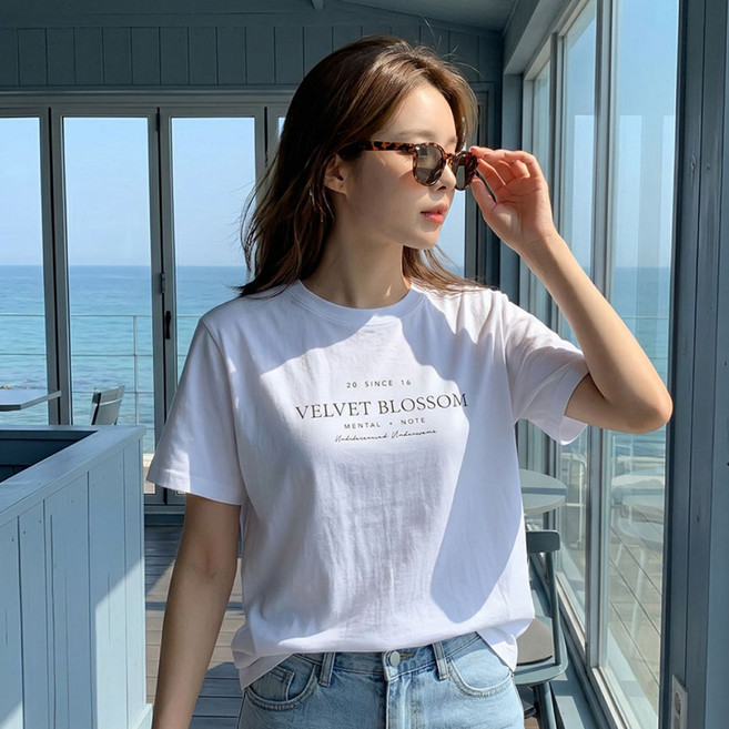 상상그이상 여성용 촉감왕 블로썸 레터링 레이온 반팔 티셔츠